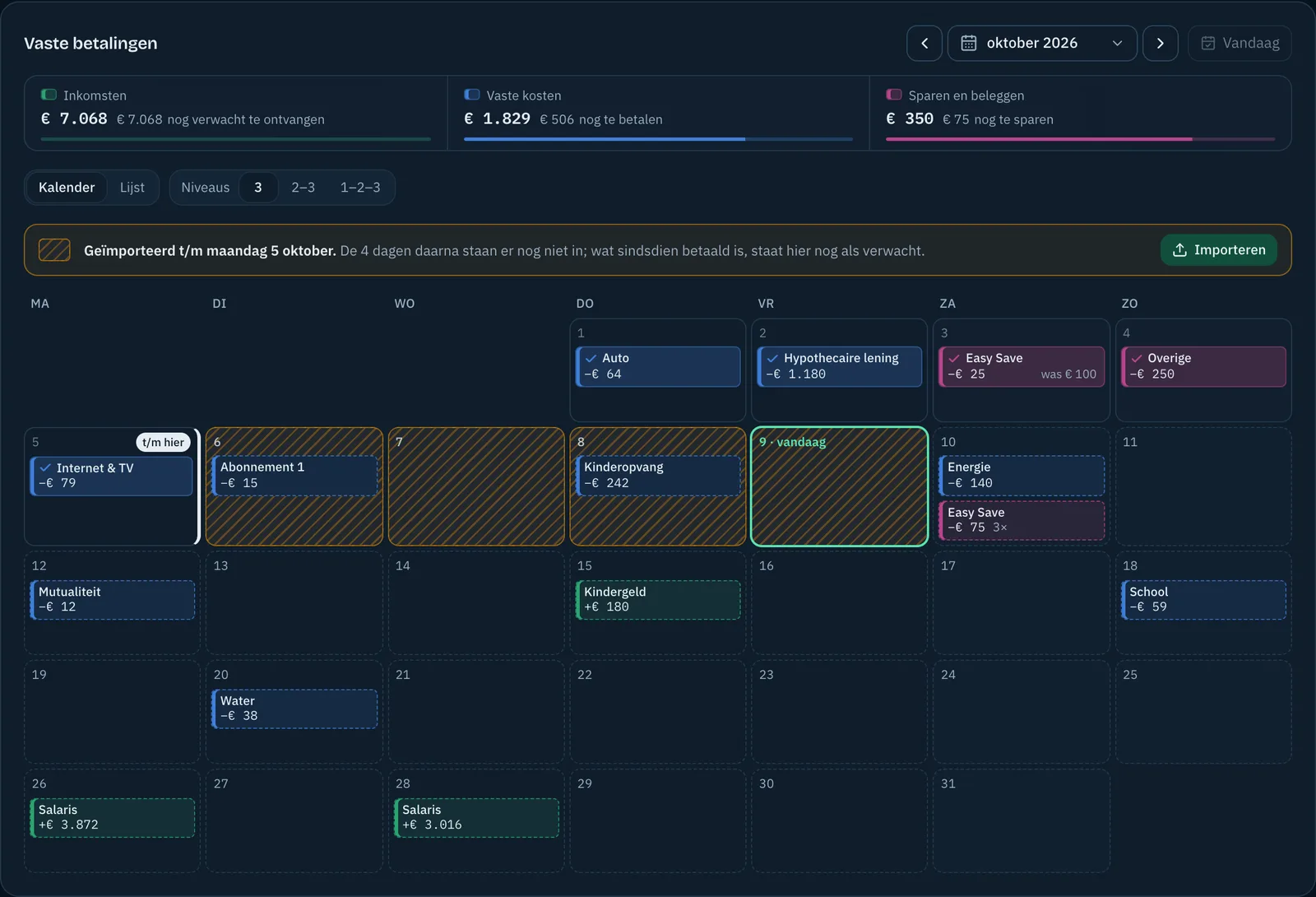 De kalender met vaste betalingen in Effe: per dag wat er afging of binnenkwam, wat nog verwacht wordt, en tot welke dag je hebt geïmporteerd.