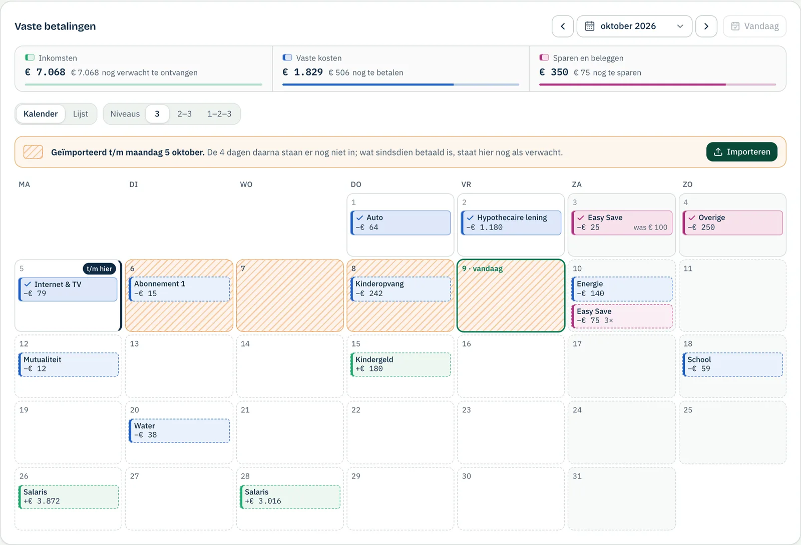 De kalender met vaste betalingen in Effe: per dag wat er afging of binnenkwam, wat nog verwacht wordt, en tot welke dag je hebt geïmporteerd.